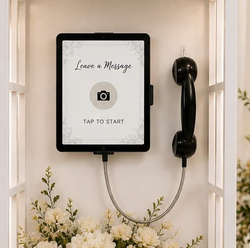 Close detail of the vintage handset and 'Leave a Message' recording screen