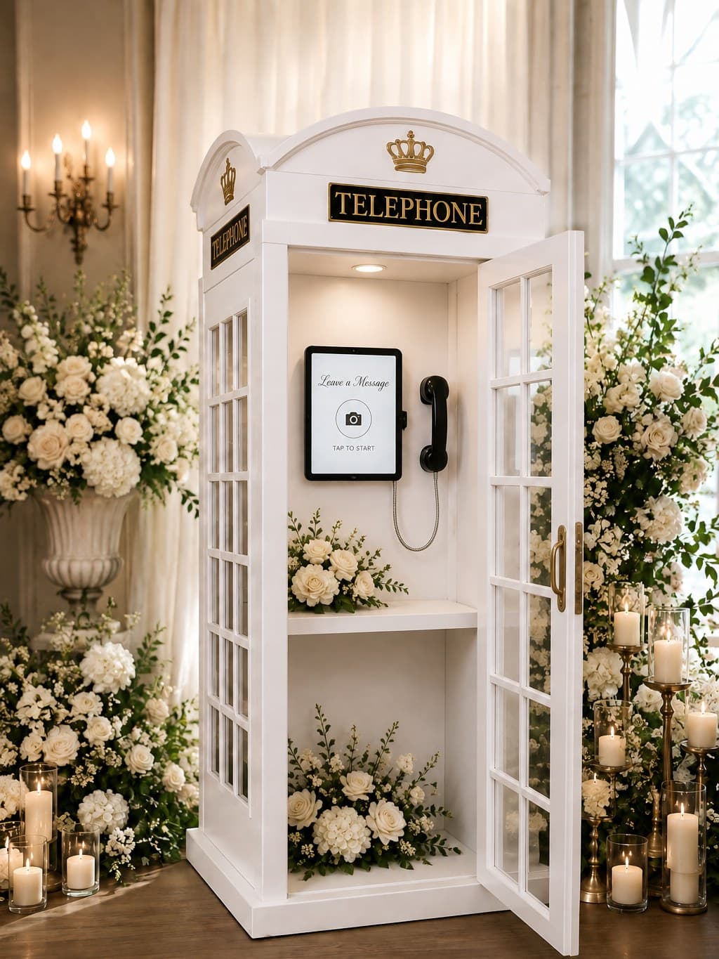 The Memory Booth audio and video guestbook — a white vintage telephone booth with an iPad and handset, styled with white roses at a Lubbock, Texas wedding reception