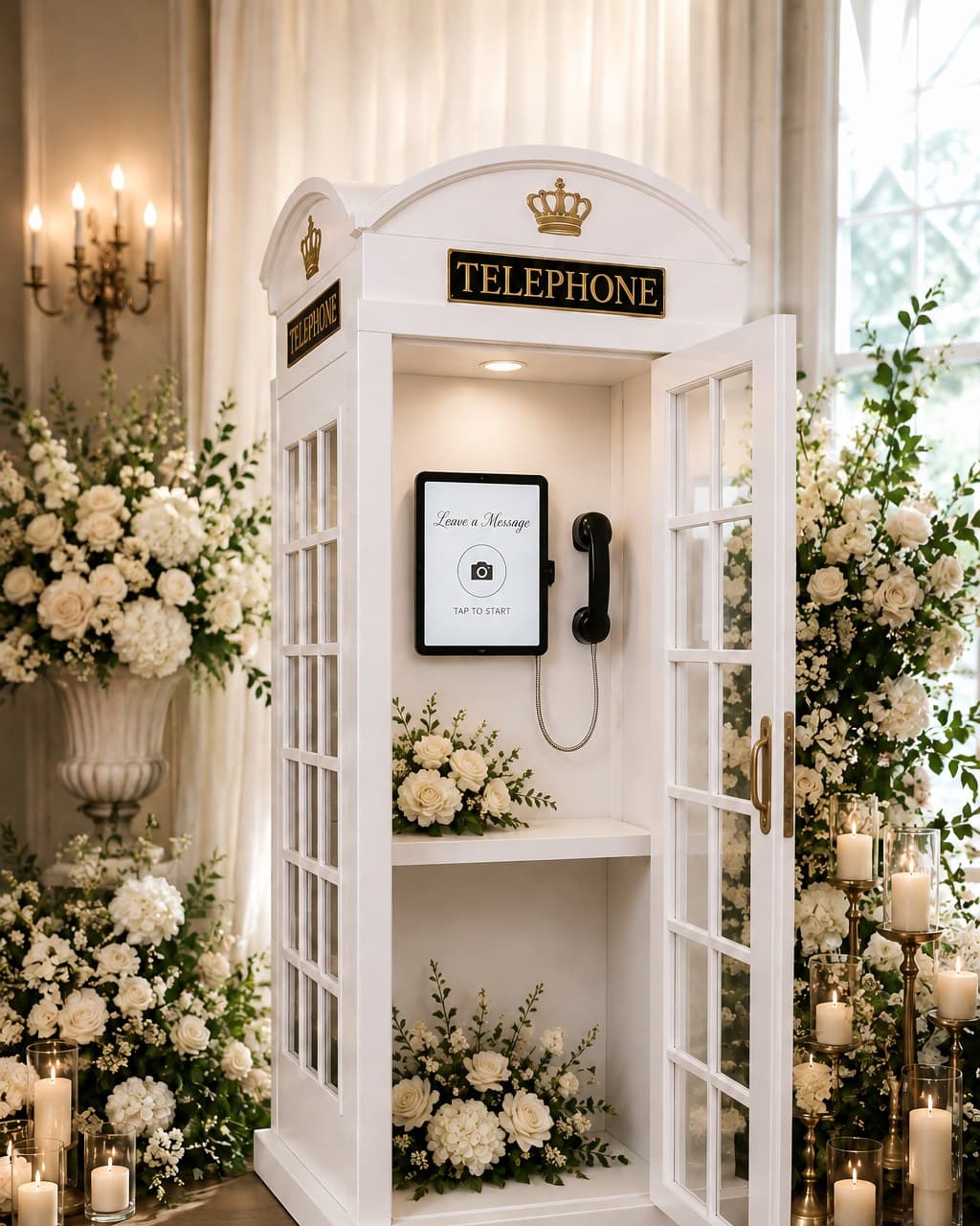 The Memory Booth, a white vintage-style telephone booth guestbook with an iPad and vintage handset, styled with white florals at a Lubbock, Texas wedding